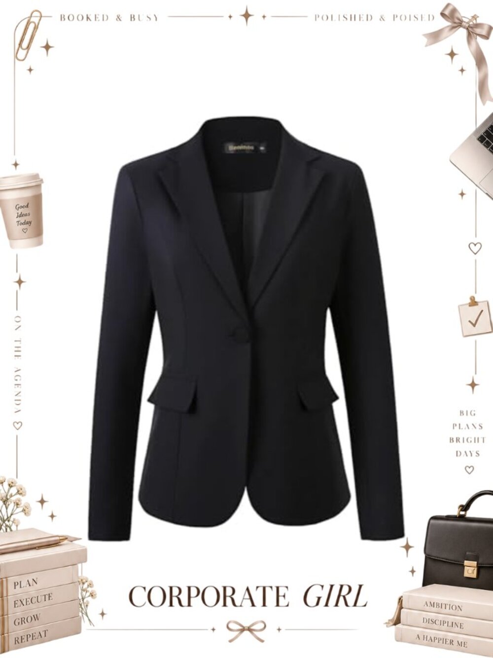 Womens One Button Blazer Lightweight Office Work Suit Jacket Polyester
